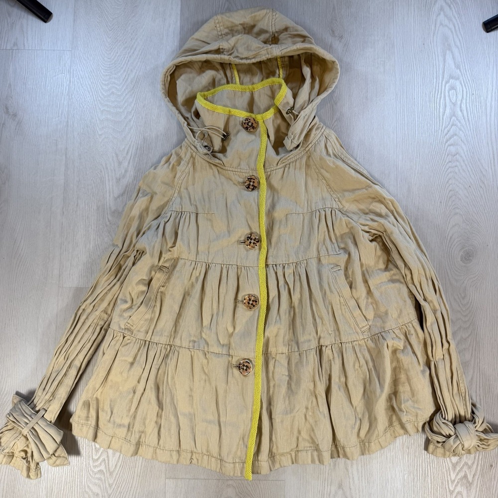 Anthropologie Hei Hei Size Small Beige Lime Tiered Swing Jacket Hood Button New